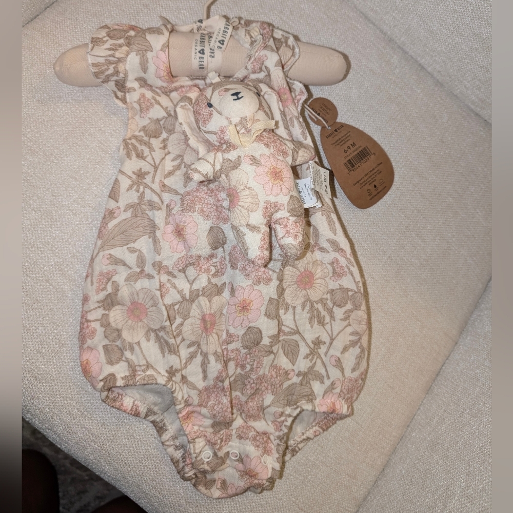 Rabbit + Bear Floral Cream Baby Girl Bodysuit with Rattle Bear